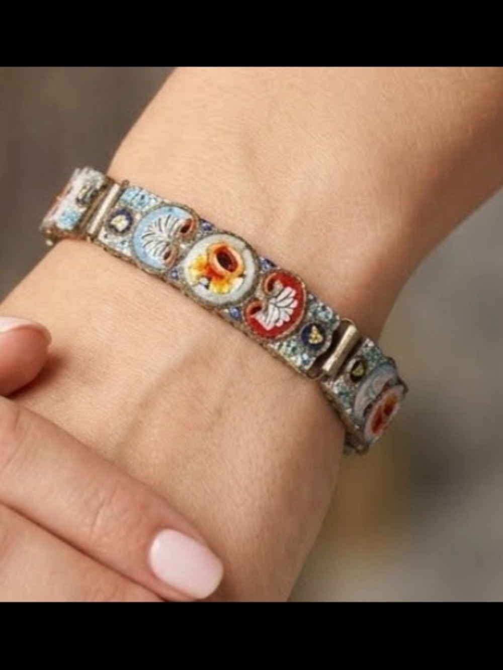 Vintage Italian Micro Mosaic Floral Panel Bracelet Brass Mid Century